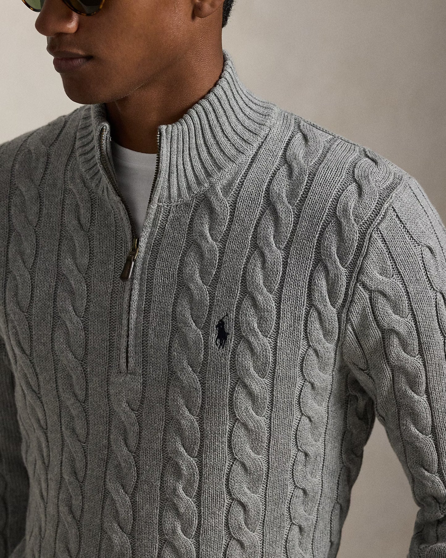 Cable-Knit Cotton Quarter-Zip Jumper Polo Ralph Lauren Fawn Grey Heather colour