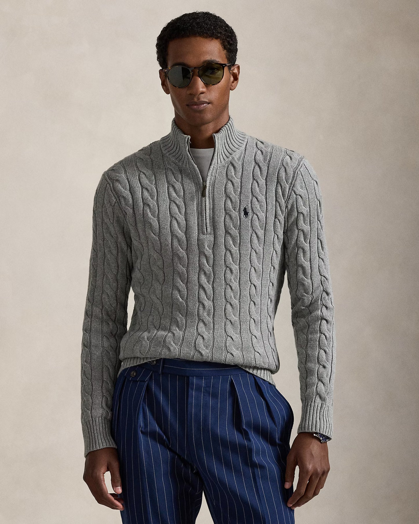 Cable-Knit Cotton Quarter-Zip Jumper Polo Ralph Lauren Fawn Grey Heather colour