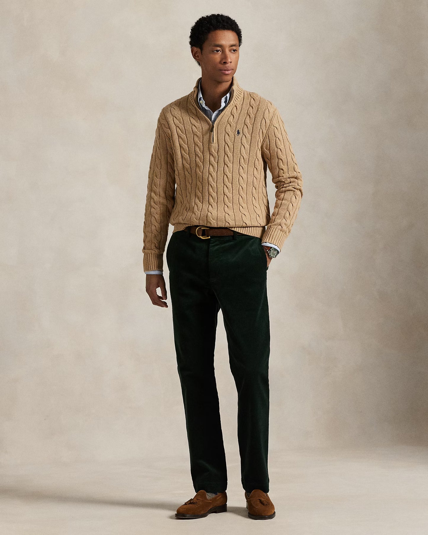 Cable-Knit Cotton Quarter-Zip Jumper Polo Ralph Lauren Camel Melange colour
