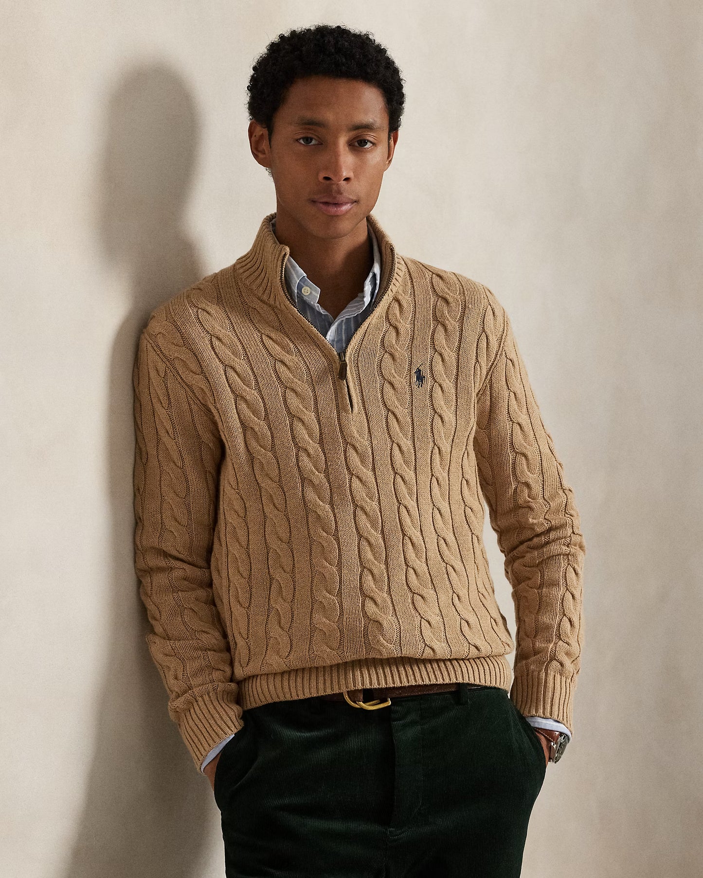 Cable-Knit Cotton Quarter-Zip Jumper Polo Ralph Lauren Camel Melange colour