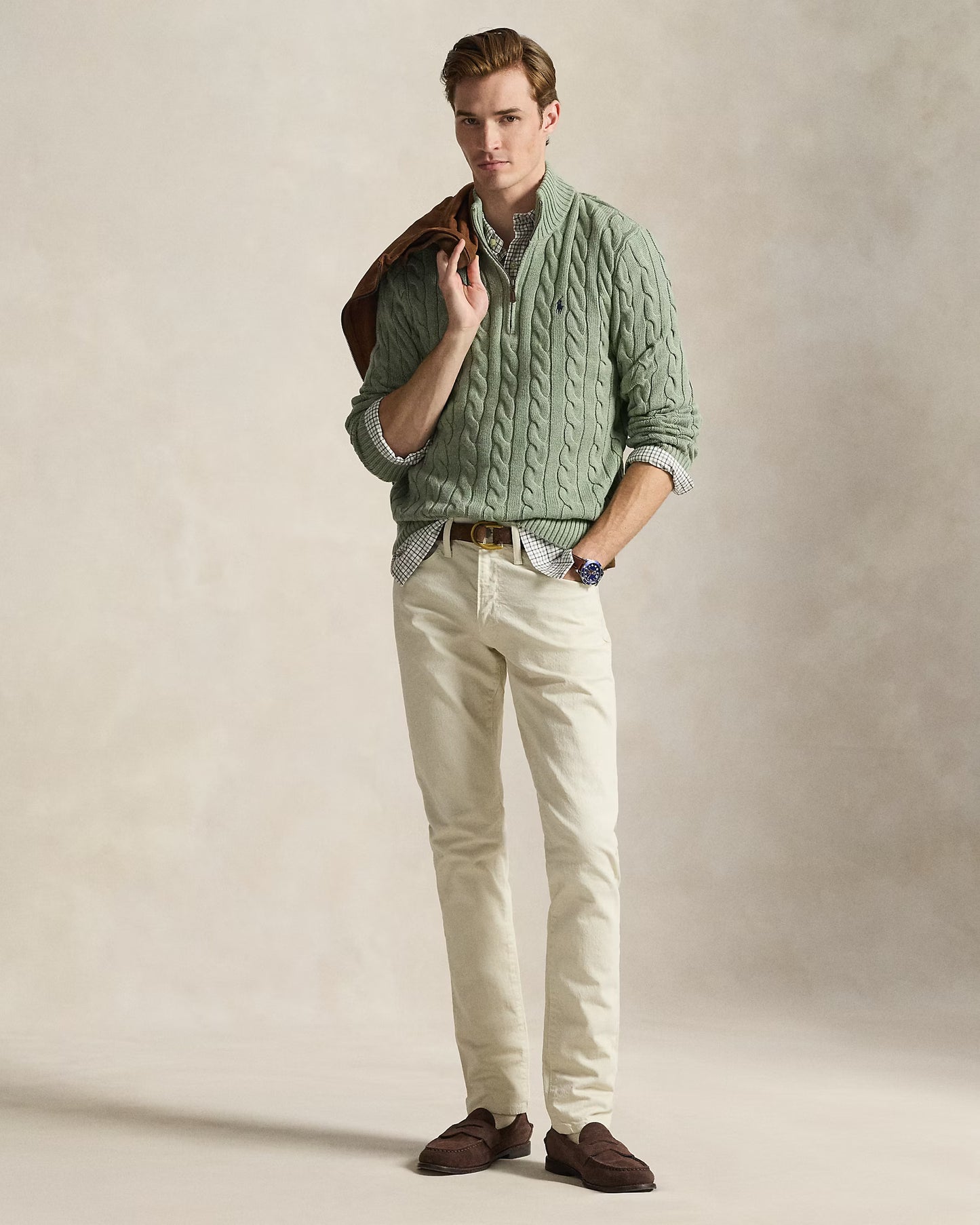Cable-Knit Cotton Quarter-Zip Jumper Polo Ralph Lauren Fern Green Heather colour