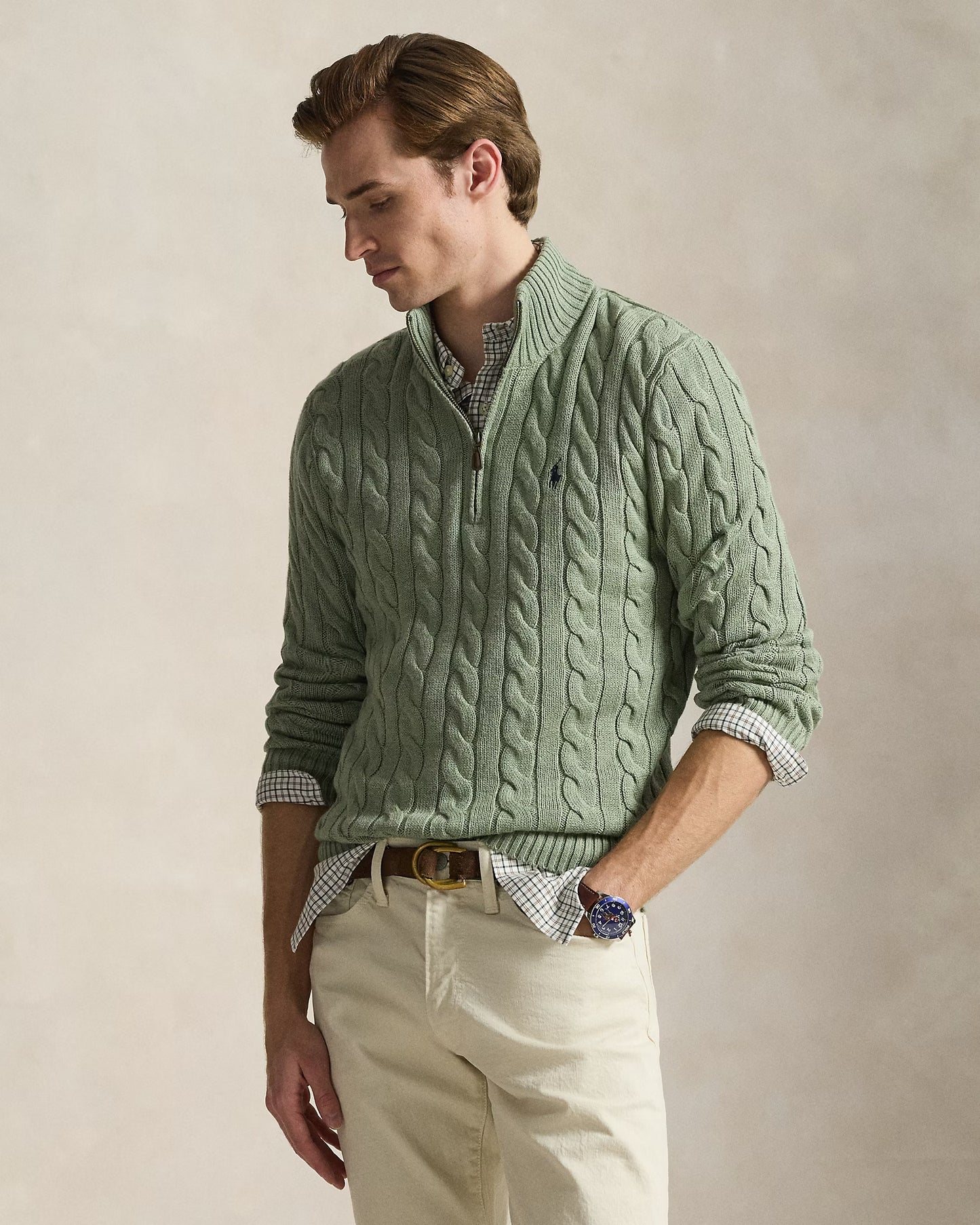 Cable-Knit Cotton Quarter-Zip Jumper Polo Ralph Lauren Fern Green Heather colour